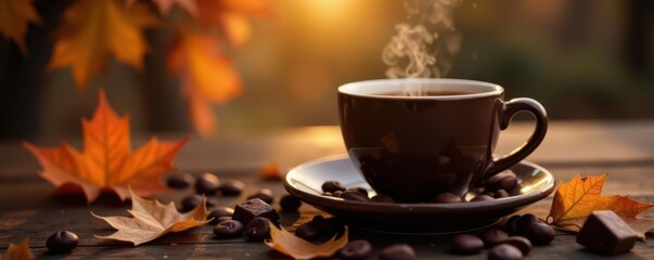 Dark coffee, rich chocolates, autumn leaves Cozy fall mood , rich, horizontal