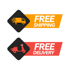 Free shipping truck icon emblem. Free delivery truck icon emblem. Expedition truck delivery service sign with text courier icon for social media, web or print
