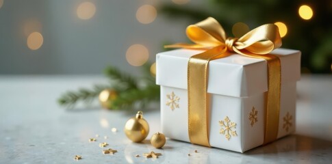 Elegant gold & white gift box with ribbon, festive holiday surprise , holiday season, simple, ribbon