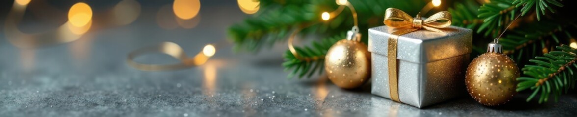 Elegant New Year composition; silver & gold gift boxes, decorated fir, baubles , christmas eve, holiday background, celebration