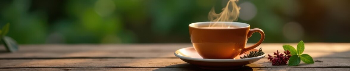 Fragrant herbal tea, swirling steam rising from ceramic cup, calming, aroma