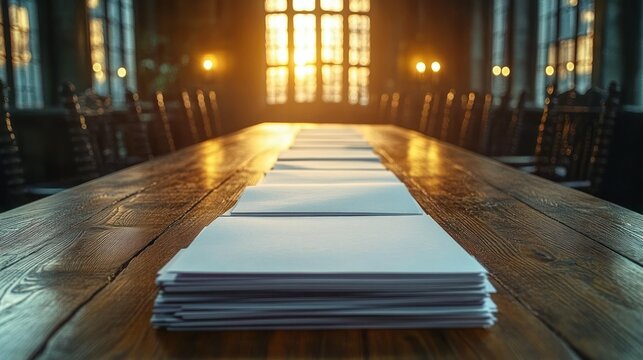Long wooden conference table with neatly stacked white papers illuminated by warm sunset light through large windows in an empty formal meeting room