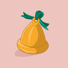 A festive vector illustration of a golden Christmas bell tied with a green ribbon on a soft pastel background. Perfect for holiday greeting cards, posters, packaging designs, and seasonal decorations