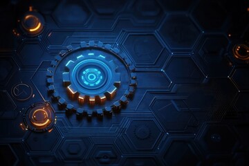 Close-up view of futuristic glowing mechanical gears and hexagonal patterns on a dark high-tech circuit board emitting blue and orange light