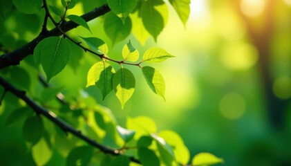 Obraz premium Intricate network of branches and leaves, sunlight illuminating vibrant green foliage , vista, vertical, woodland