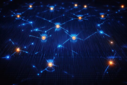Abstract digital network with glowing interconnected nodes in blue and orange colors on dark background symbolizing data transfer and connectivity