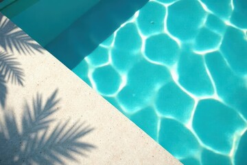 Shimmering turquoise pool water, palm shadow on cool concrete , shade, idyllic
