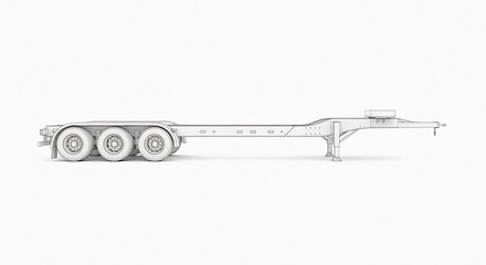 Side view of a trailer chassis with three wheels on a white background in a studio setting