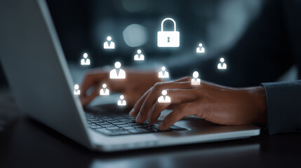 business person using laptop with multiple people icons floating in front of the screen, padlock icon, representing data protection technology for social media platforms, internet security concept. di