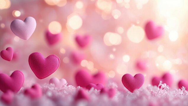 Soft pink and purple hearts floating above a textured surface with golden bokeh lights in the background, creating a dreamy and romantic atmosphere