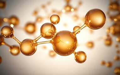 Close-up 3D visualization of translucent amber-colored molecular structure with spherical nodes interconnected by cylindrical bonds against a blurred background