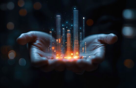 Futuristic cityscape hologram glowing with orange and blue lights held delicately in cupped hands against a dark background, evoking innovation and technology