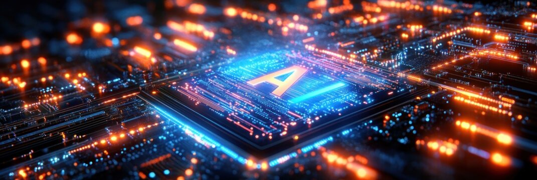Close-up view of a glowing computer chip labeled AI surrounded by illuminated circuitry on a dark circuit board, conveying futuristic technology and innovation