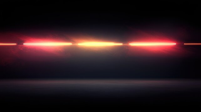 Glowing horizontal neon light bars in shades of red and orange on a dark background creating a futuristic and moody atmosphere