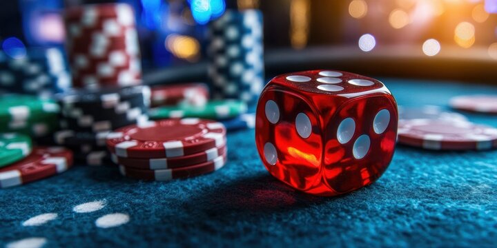 Close-up of a red translucent dice showing six and five on a felt casino table surrounded by stacks of red, black, white, green, and blue poker chips with blurred lights in background