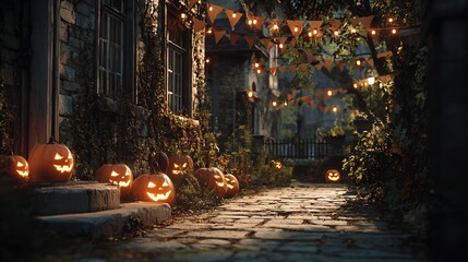 Halloween Illuminated Cobblestone Alleyway with Fog Pumpkins and Candles