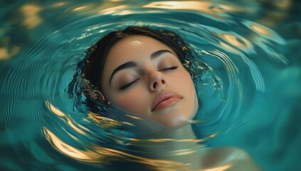 A person submerged in water creating gentle ripples and reflections illuminating the surface with warm and cool tones, evoking calm and tranquility