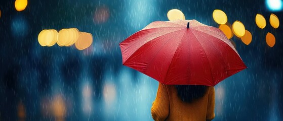 Person holding a red umbrella walking in rain with blurred city lights in the background, evoking a calm and reflective atmosphere