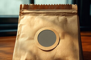 Brown paper bag with circular vent placed on wooden surface near window with soft natural light