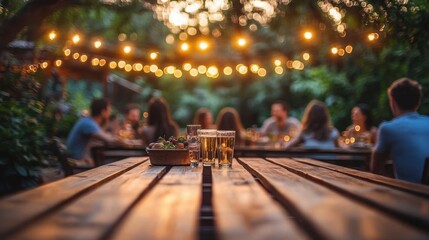 Group of friends socializing outdoors at a wooden table with drinks and snacks under glowing string lights at dusk