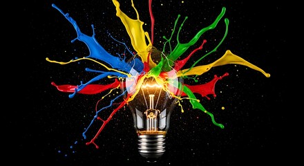 Colorful explosion of paint surrounding a bright lightbulb on black background