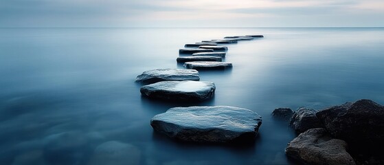 Smooth stepping stones leading across calm water into a misty horizon under a serene sky, evoking tranquility and peacefulness