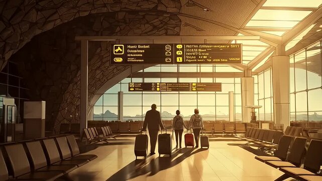 Family walks through airport hall, pulling luggage, backlit by large windows, cartoon style