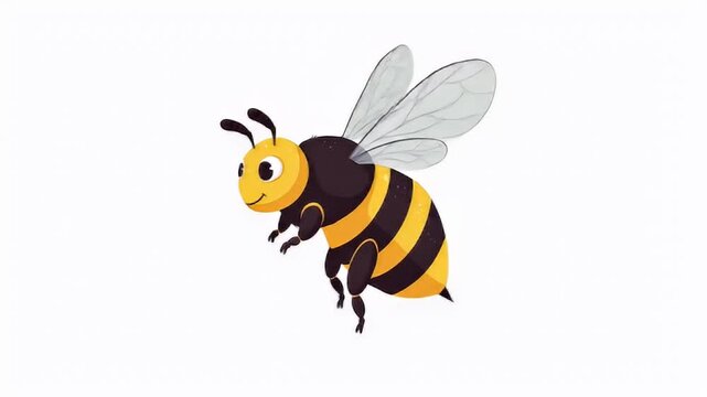 Cute, cartoon-style bee with yellow & black stripes, transparent wings, isolated on white