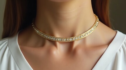 Opulent Art Deco style choker necklace, sparkling with brilliant gems, elegantly adorns a woman's neck in a focused, high-resolution image, highlighting luxurious design