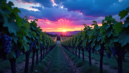 Serene Twilight Vineyard Grapes Ready for Harvest, Bathed in Dusks Soft Blue Hues