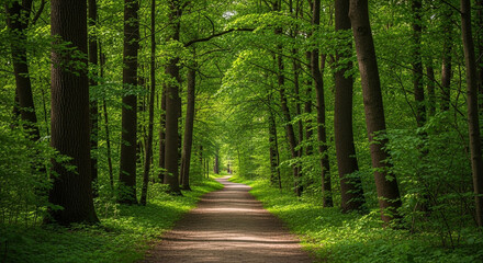 Obraz premium A picturesque path winds through a lush green forest, sunlight filtering through the canopy, creating a serene and inviting atmosphere for a peaceful walk