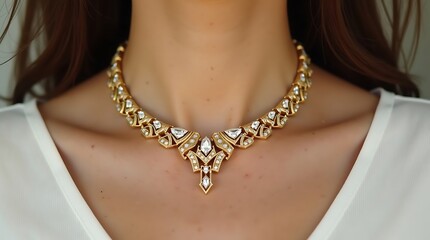 Stunning High-Resolution Photograph of an Art Deco-Style Necklace, Showcasing Exquisite Craftsmanship and Elegance, Embellished with Diamonds