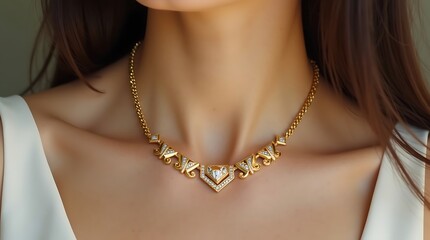 A high-resolution, focused photograph of a luxurious Art Deco style golden necklace with sparkling accents worn on an elegant woman's neck