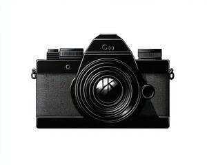 Detailed black vintage analog camera with multiple control dials and large lens reflecting window panes on white background