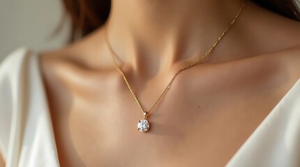 Photorealistic closeup of an elegant golden necklace featuring a stunning solitaire gemstone pendant, gracefully adorning a woman's décolletage, symbolizing timeless beauty and refined luxury