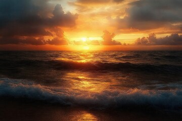 Golden sunset over a turbulent ocean with dark clouds and shimmering reflections on the water's surface creating a serene yet dramatic atmosphere