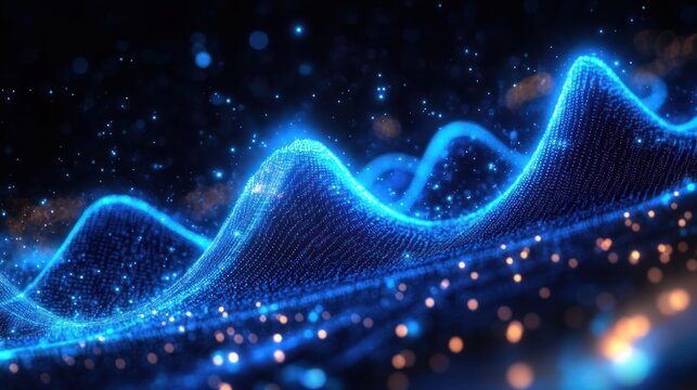 Glowing blue digital waveforms with bright sparkling particles on a dark background, evoking a futuristic and dynamic atmosphere