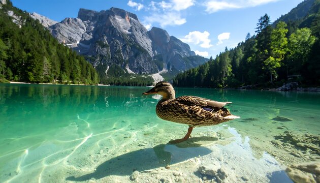 Scenic mountain lake with duck