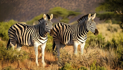 Two plains zebras standing in dry grassland with green bushes and blurred mountain background in natural habitat, showing striking black and white stripes in warm sunlight