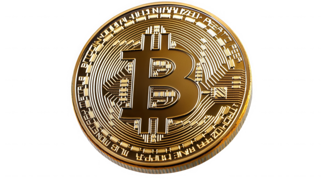 Close up shot of a single gold bitcoin coin with intricate design  surface on transparent background
