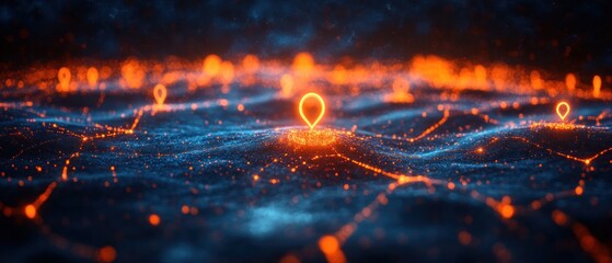 Glowing orange digital landscape with illuminated location markers connected by a network on a dark blue, textured surface emitting futuristic energy