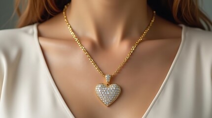 Elegant golden heart-shaped necklace adorned with shimmering diamonds, a symbol of love and luxury, worn by a woman