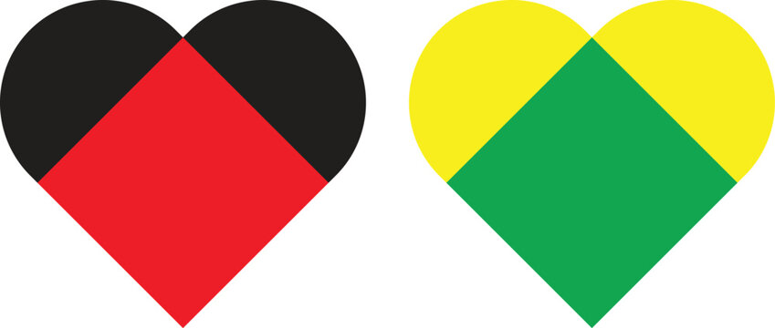 Two hearts, one red and black and one green and yellow isolated on white background