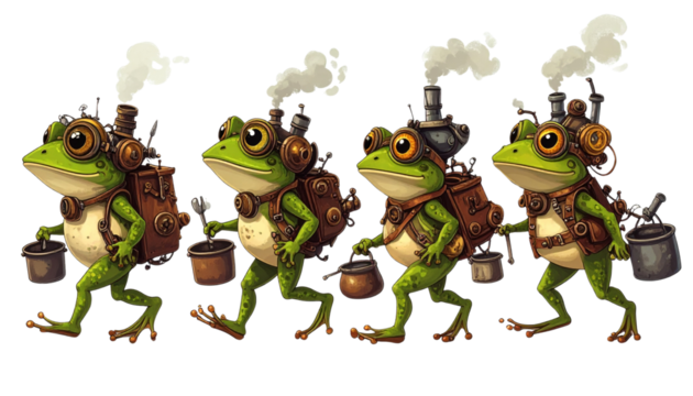 Steampunk Frogs with Coffee Machines
