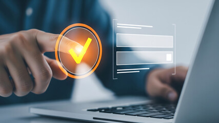 Finger pressing digital checkmark for online verification