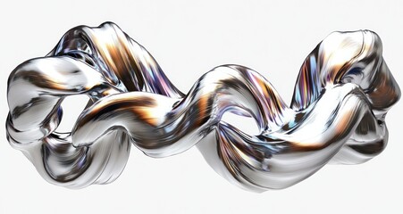 abstract twisted metallic silver ribbon sculpture floating on white background with colorful reflective highlights