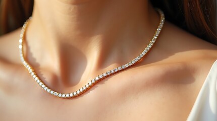Dazzling diamond tennis necklace adorning a woman's décolletage, sparkling with brilliant cuts and exquisite craftsmanship for timeless elegance