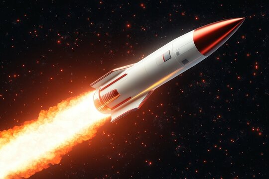 White and red rocket launching through space with fiery exhaust trail against a starry background, signifying power and exploration
