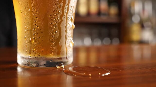 Refreshing cold beer with condensation running down glass on a hot summer day, perfect for bar promotion or beverage advertisement