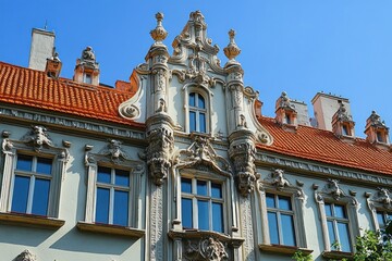 Fototapeta premium ornate historical building facade with intricate baroque architectural details and red tiled roof under clear blue sky